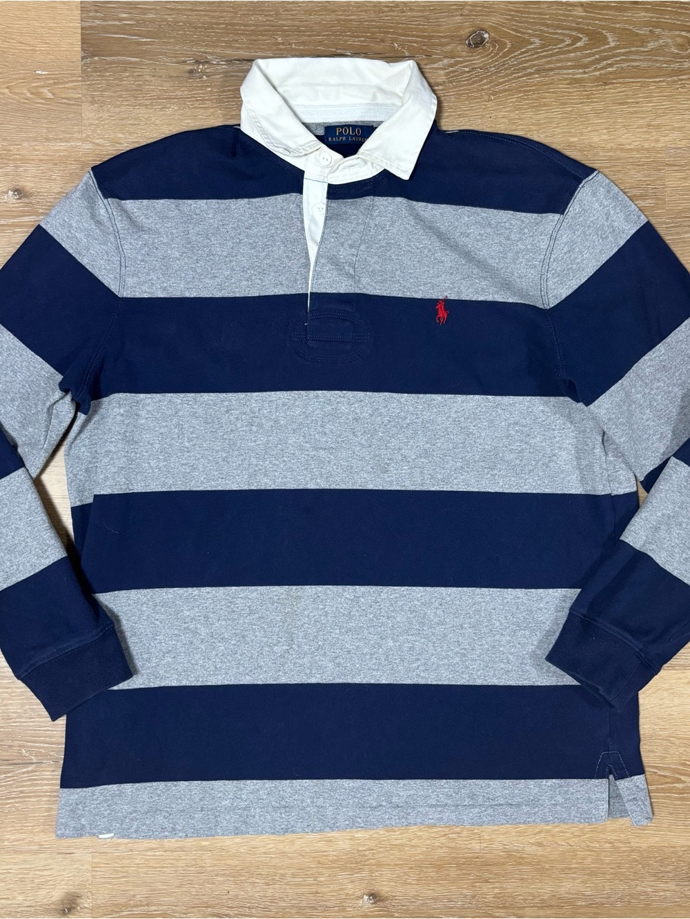 Polo by Ralph Lauren Navy & Gray Striped Rugby Shirt with White Collar